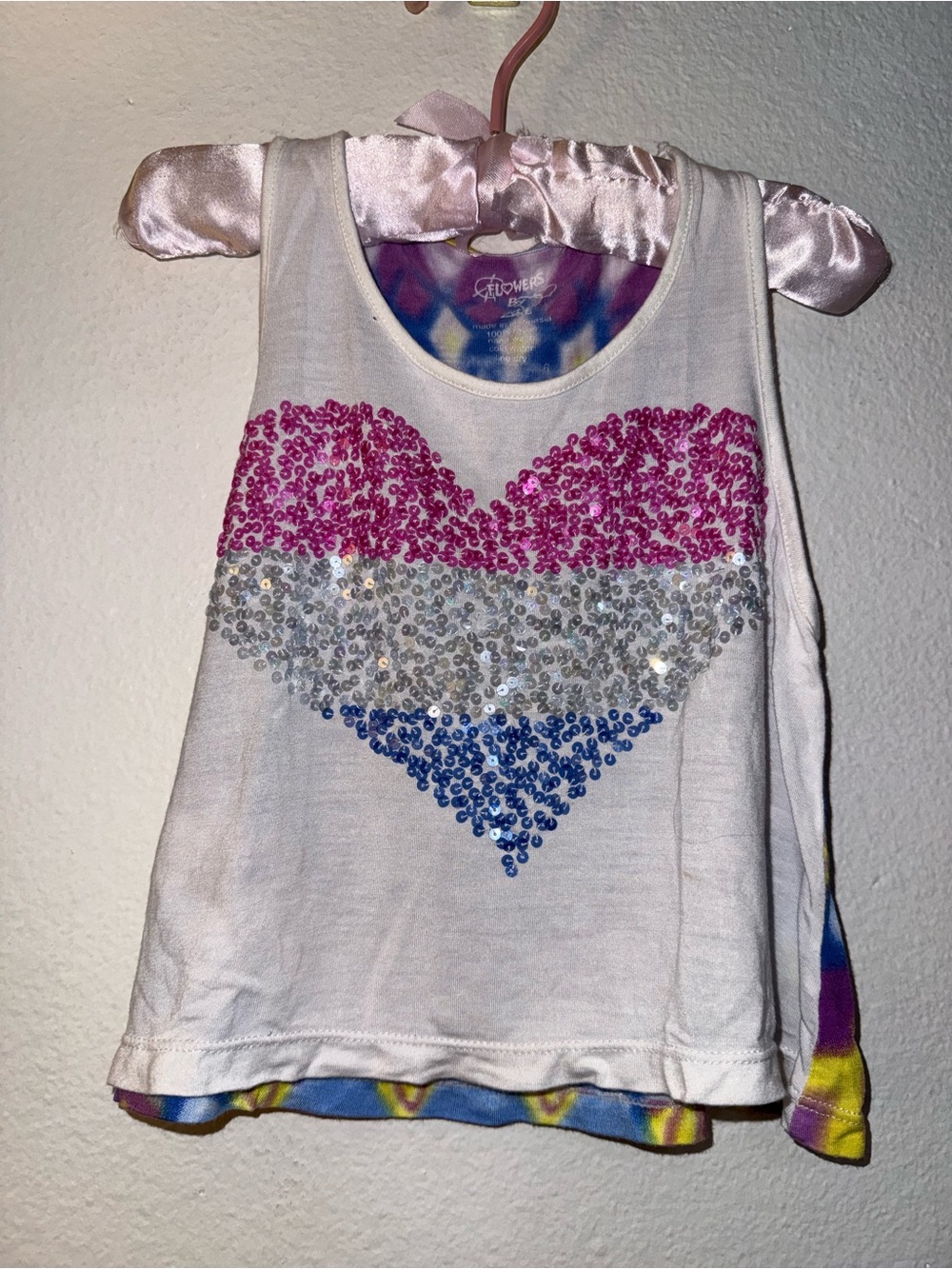 Flowers by Zoe White Tank with Pink, Silver & Blue Sequin Heart